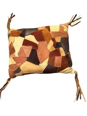 Vintage Southwestern Patchwork Leather & Suede Accent Pillow Boho Tassel Cushion